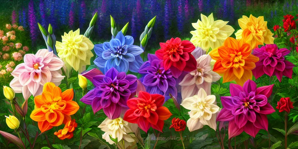 Image similar to multi color dahlia, delphinium, freesia, roses, gladiolus, pastel botanical painting, animal fairy, nature unique attractive, beautifully lit, by studio ghibli and albert bierstadt, 8 k volumetric lights unreal engine trending on art station