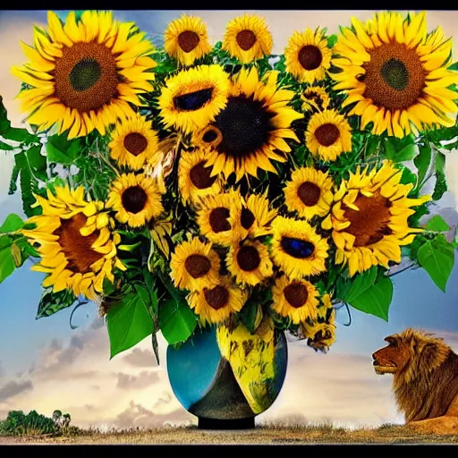 Prompt: lions and sunflowers 🌻🌫 in the style of salvador dali