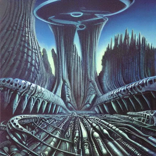 Image similar to landscape, alien sci-fi world, painting by H.R Giger