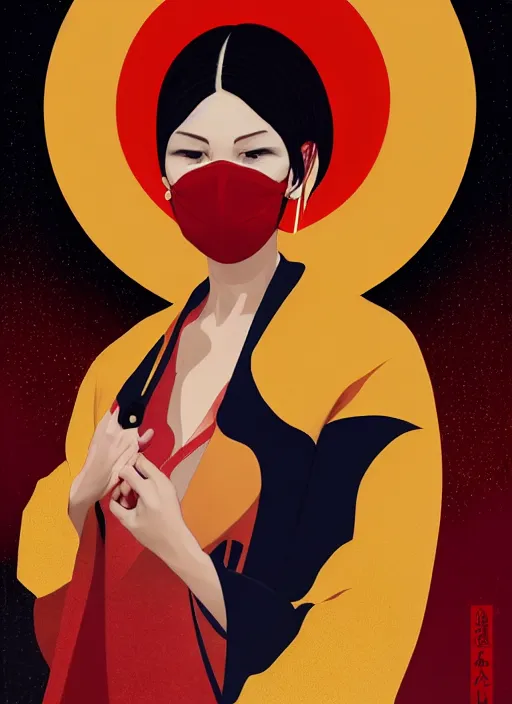 Prompt: portrait of a woman with a mask on his face in the form of a spiral in a golden kimono, full face, against the background of a bright red moon, sad motif, by ilya kuvshinov, dramatic, soft colors, futuristic, 8 k