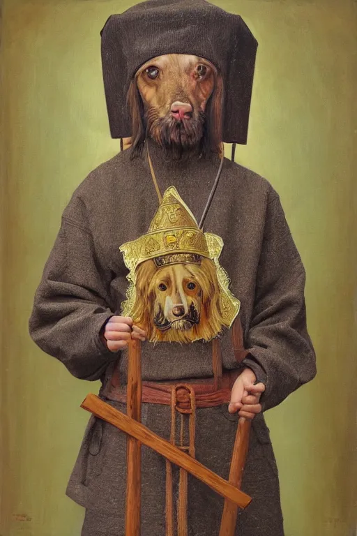 Image similar to Slavic dog head man, woolen torso in medieval clothes, Orthodox Saint Christopher, oil painting, hyperrealism, beautiful, high resolution, trending on artstation, with an axe,