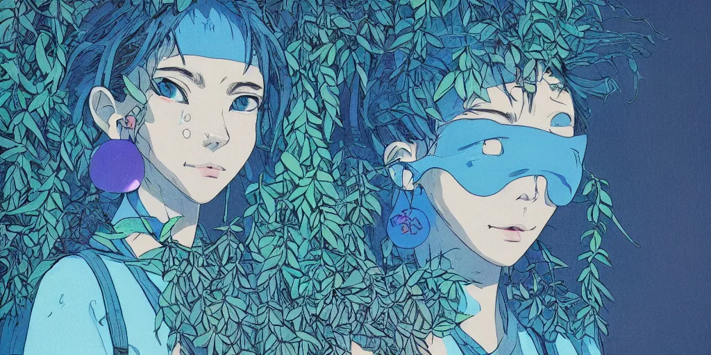 Prompt: risograph grainy painting of running man anime - like hero girl protagonist face, matte dull colors, with huge earrings, face covered with plants and flowers, by moebius and dirk dzimirsky and satisho kon, blue hour, close - up wide portrait