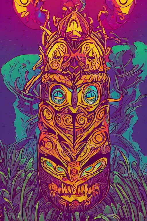 Image similar to totem animal mask tribal feather gemstone plant wood rock shaman vodoo video game vector illustration vivid multicolor borderlands comics by josan gonzales and dan mumford radiating a glowing aura