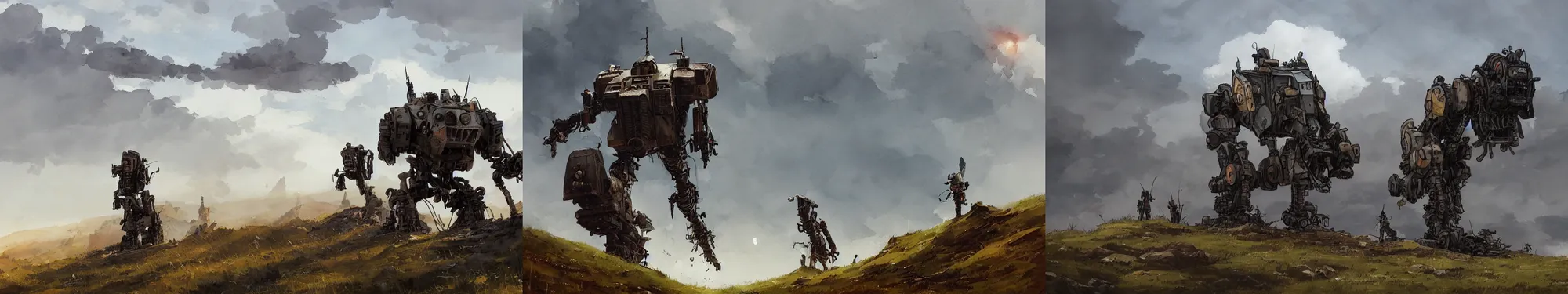 Prompt: scouts on top of a hill looking into background with dieselpunk mech walker, papyrus, watercolored, jakub rozalski, dark colours, dieselpunk, artstation