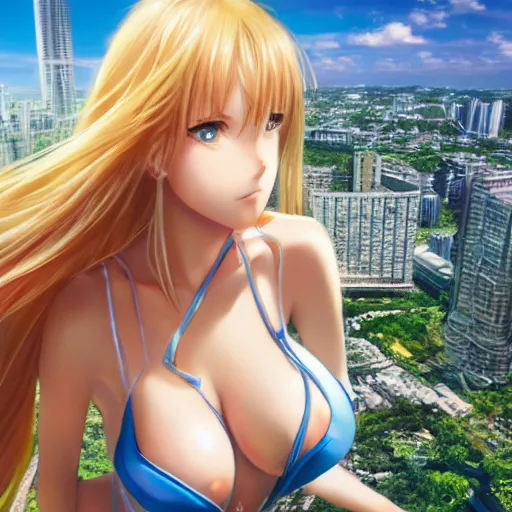 Image similar to seen from above : a giant macro very beautiful young yuuki asuna, full body, long wavy blond hair, sky blue eyes, full round face, bikini, miniskirt, laying on a miniature city, cinematic wallpaper by stanley artgerm lau