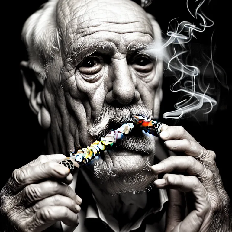 Image similar to a intricately detailed portrait of an old man, smoking a lit perfectly symmetrical cuban cigar, looking at a case of freshly opened monti cristo cigars, cinematic photography, smoke rising like clouds, beautifully symmetrical, super resolution, cgi, trending on art station, volumetric lighting & shadows, hyper detailed, 8 k, unreal engine, canon 2 0 0 mm,