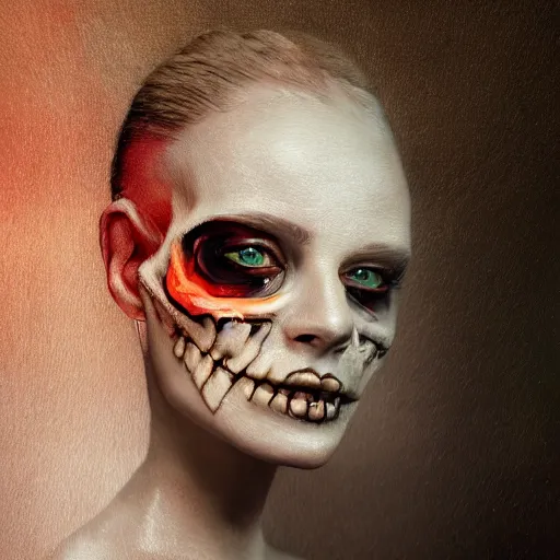 Image similar to full body pose, hyperrealistic mixed media painting of beautiful skull woman, dim volumetric lighting, 8 k, octane beautifully detailed render, extremely hyper detailed, intricate, epic composition, cinematic lighting, masterpiece, trending on artstation, very very detailed, masterpiece, stunning, hdr, smooth, sharp focus, high resolution, award, winning photo, dslr, 5 0 mm