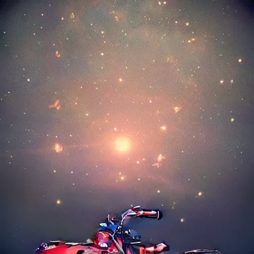 Image similar to photograph of a motorcycle floating in space inside magic colorful glowing fog, starry sky, tranquil, desolate, atmospheric, hazy, autochrome