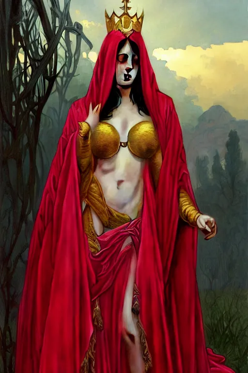 Image similar to Portrait of historically accurate, ancient biblical, sultry, sneering, evil, pagan, wicked, young queen jezebel, wearing gilded red robes, long black hair, intricate, elegant, highly detailed, digital painting, artstation, concept art, smooth, sharp focus, illustration, art by artgerm and greg rutkowski and alphonse mucha and andrei riabovitchev