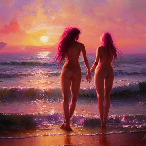 Prompt: twin flame pleadians with mermaid towers and sparkling ocean with pink sunset and mermaids swimming hue highly detailed oil painting hue by craig mullins