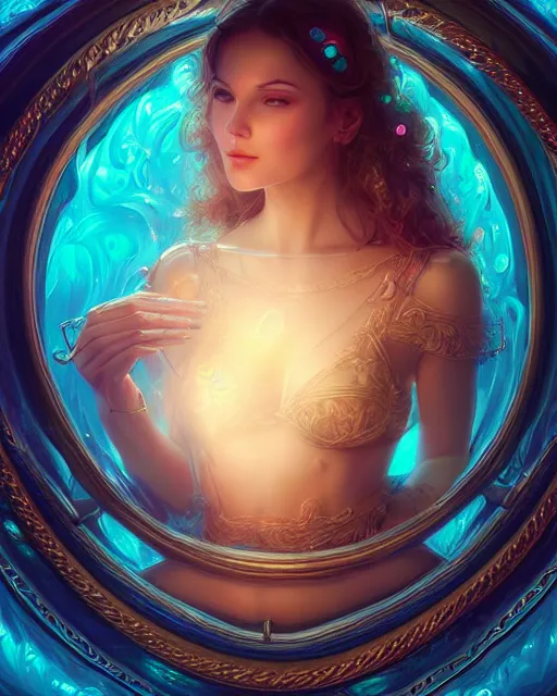 Image similar to cute woman inside an ornate sail boat of iridescent liquid, alchemy, shiny plastic, intricate, bloom, detailed, volumetric lighting, sharp focus, photorealism, digital painting, highly detailed, concept art, by by artgerm and wlop