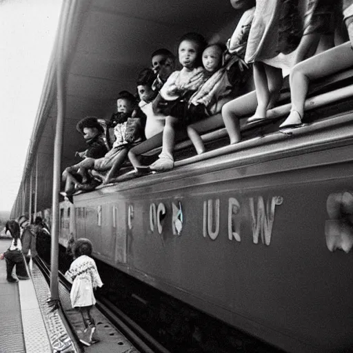 Image similar to “ kids riding on top of a new york city subway car, photograph by henri cartier - bresson ”