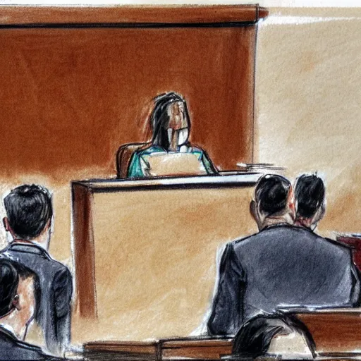 Prompt: a dog in a addressing a jury of mailmen, courtroom sketch