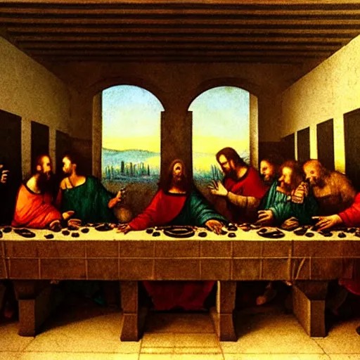 Prompt: A Cyberpunk Rendition of The Last Supper by Leonardo da Vinci