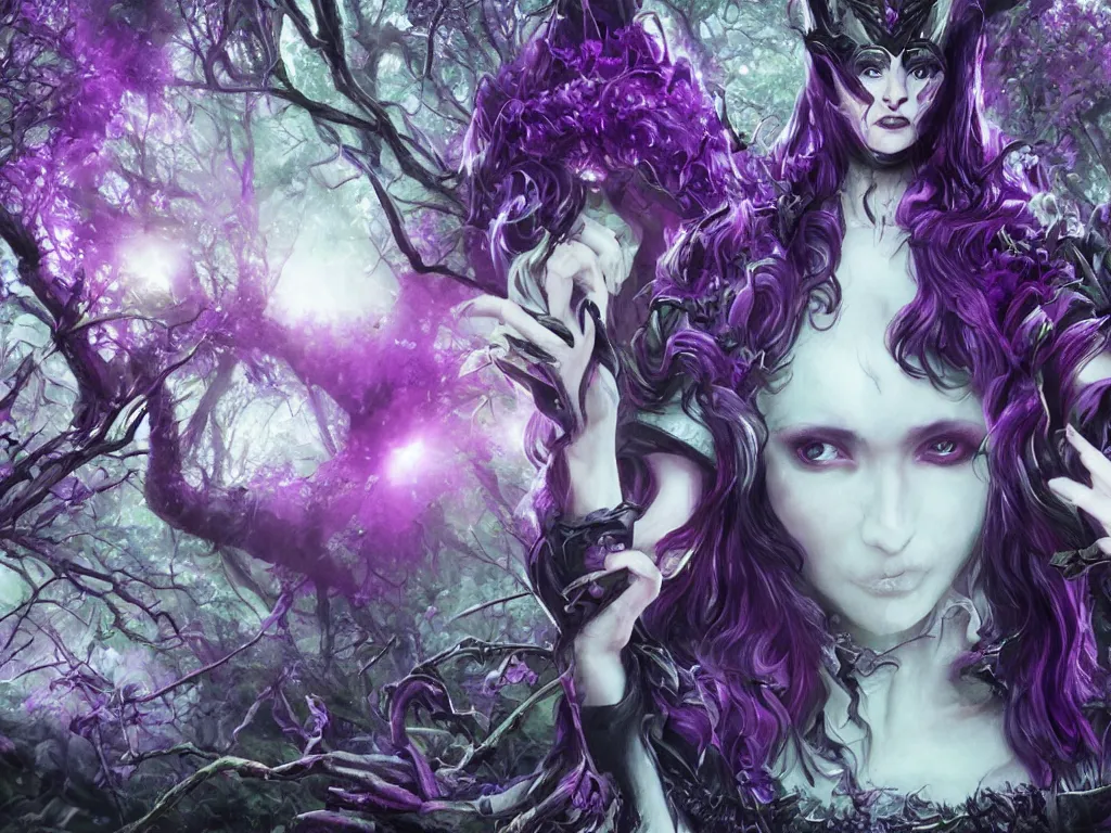 Prompt: evil fantasy queen with black hair holding an apple with both hands in the violet forest dark forest, frame from a fantasy movie, very detailed, cinematic, artstation trending.