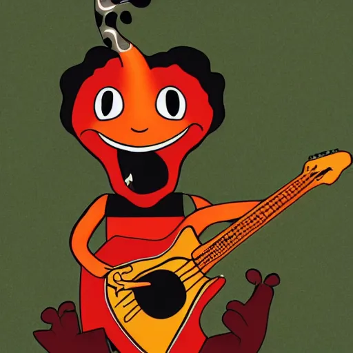 Image similar to salamander playing guitar, rubber hose animation style, cup head style