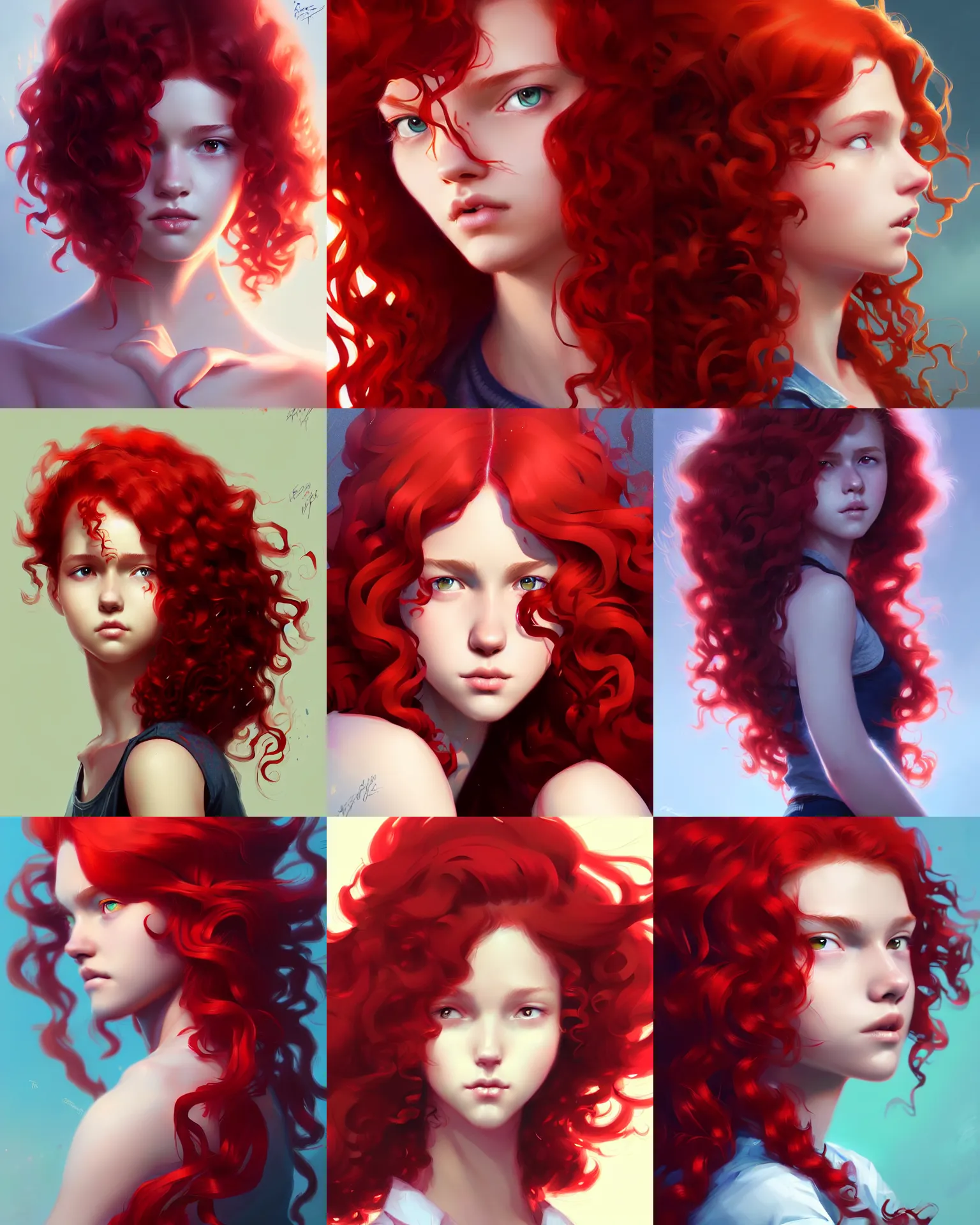 Prompt: teen girl, flowing curly red hair, student, gorgeous digital painting, trending on artstation, sharp focus, illustration, art by Ross Tran and Greg Rutkowski