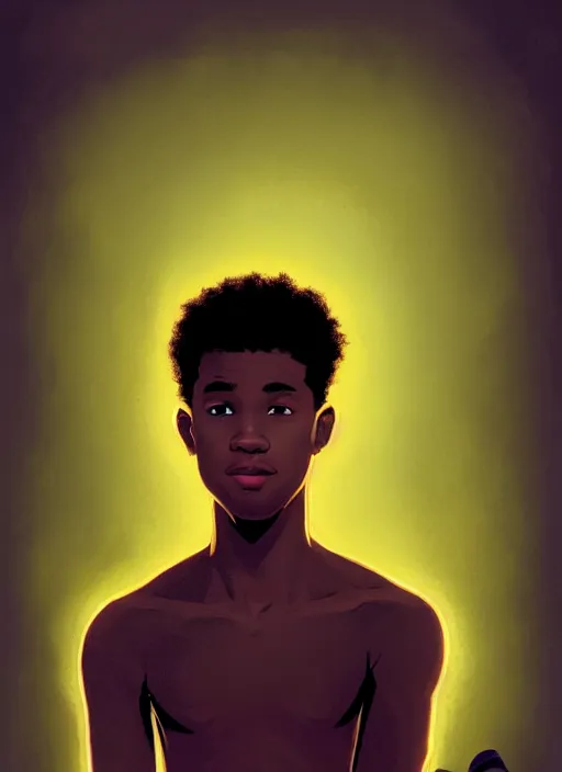 Image similar to portrait of chuck clayton, lightskin black teenage boy, very short curly hair, very short hair, short hair, strong jawline, square jaw, slight smile, reading archie comic, intricate, elegant, glowing lights, highly detailed, digital painting, artstation, concept art, smooth, sharp focus, illustration, art by wlop, mars ravelo and greg rutkowski