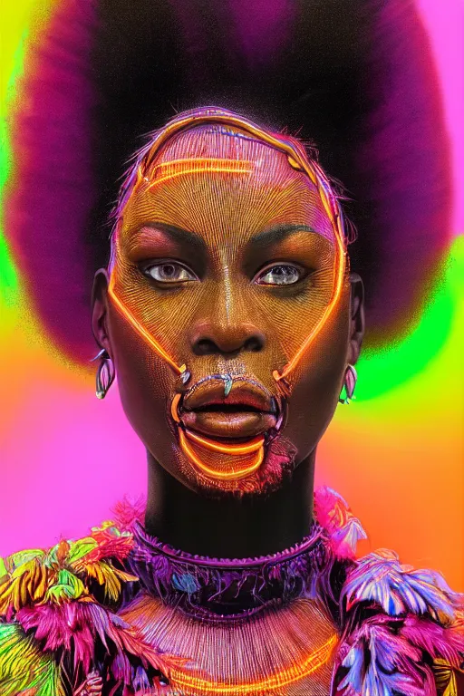 Image similar to detailed portrait of a beautiful African female with face augmentations, strong neon lighting, Afrofuturism, extravagant feathered collar, by glenn fabry, hyper realistic, HD, oil on canvas