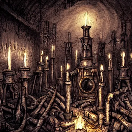 Prompt: A dark and horror-filled dungeon, with flickering torches and piles of bones, close up, high contrast, black background, artstation, 50mm lens, by Thomas Kinkade