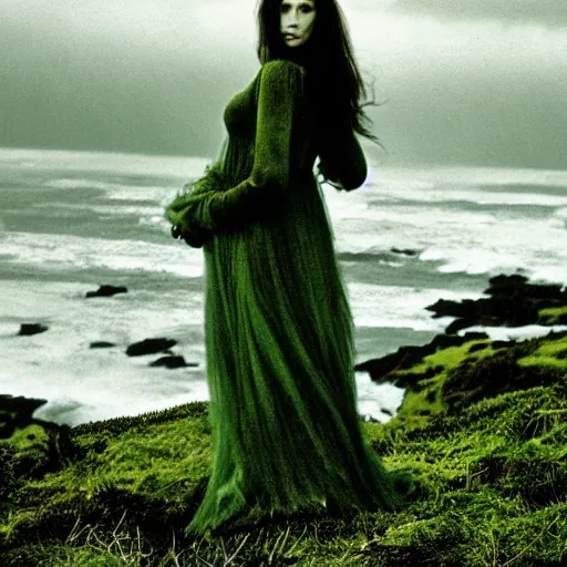 Prompt: dark and moody 1 9 7 0's artistic spaghetti western film in color, a woman in a giant billowy wide long flowing waving green dress, standing inside a green mossy irish rocky scenic landscape, crashing waves and sea foam, volumetric lighting, backlit, moody, atmospheric, fog, extremely windy, soft focus