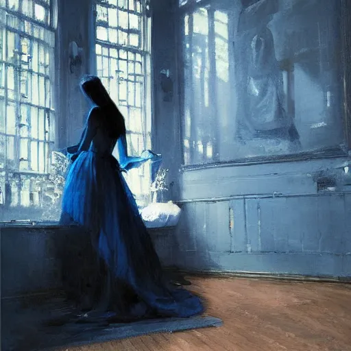 Image similar to blue tones, woman in dress, wooden floor, by alexander fedosav, elegant, detailed, digital artwork, paint, gothic mansion room, by jeremy mann