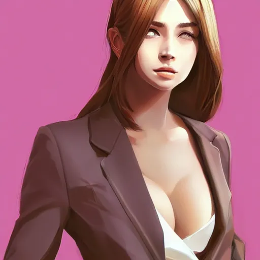 Image similar to cute beautiful girl in jacket suit over bare skin, elegant, 2d, ultra highly detailed, digital painting, smooth, sharp focus, artstation, pixiv, art by Ilya Kuvshinov