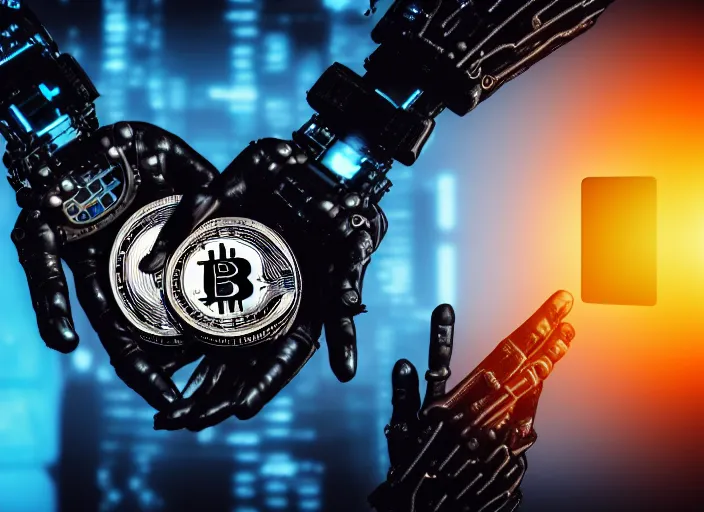 Image similar to mechanical cybernetic hand holds a bitcoin. centered. horror cyberpunk dystopia style. highly detailed 8 k. intricate. nikon d 8 5 0 3 0 0 mm. award winning photography.