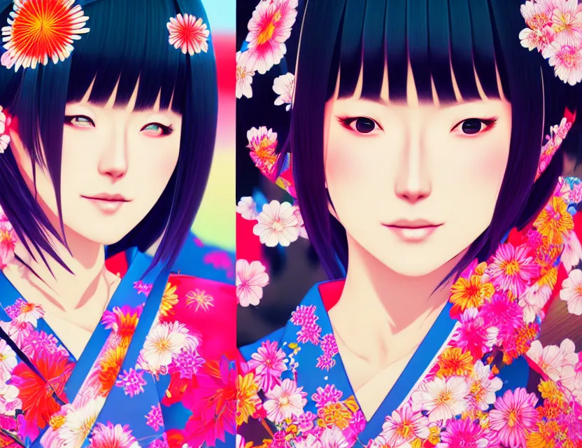 Image similar to two beautiful charming japan female superstar wear arty kimono in festival | | sunny night, festival,, realistic shaded, smile, good looking, hyper details, 4 k realistic, cryengine, realistic shaded lighting poster by ilya kuvshinov, fuji choko, ross tran, 8 k resolution, trending on artstation, luxury