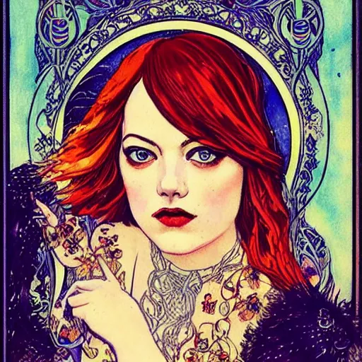 Prompt: emma stone portrait by louis - theophile hingre, zodiac, tarot cards, planets, ethereal, art nouveau