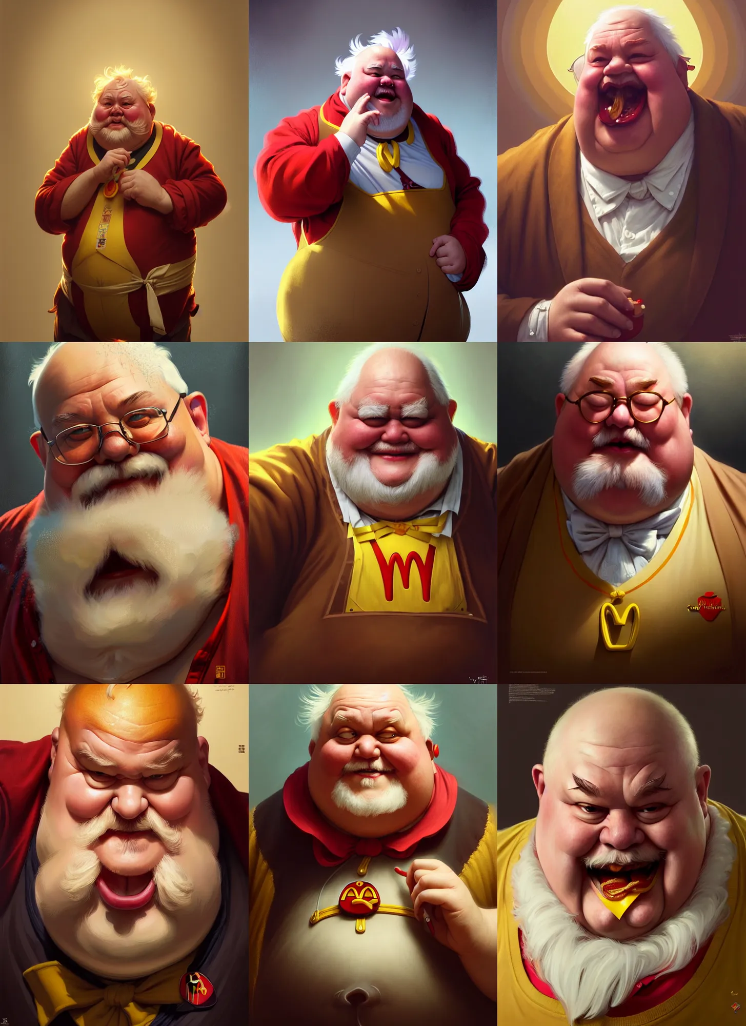 Prompt: Portrait of very fat old man dressed up as Ronald Macdonalds, intricate, highly detailed, digital painting, artstation, concept art, illustration, 4k, art by Yintion J and Jiang Geping and artgerm and greg rutkowski and alphonse mucha