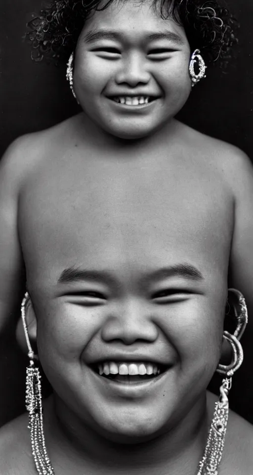 Image similar to close up photograph of a single fat filipino teenage boy smiling with crooked teeth, with a curly perm, and with small studded earings, 4 k, photorealistic, high detail by richard avedon