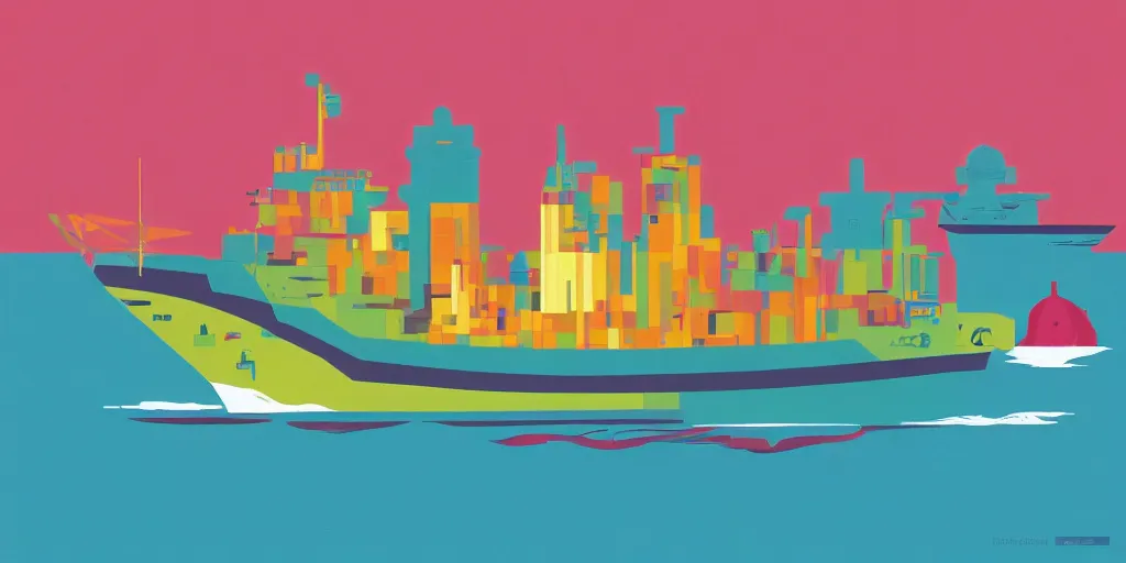 Image similar to ship in a bottle. illustration. multicolored. by tom whalen