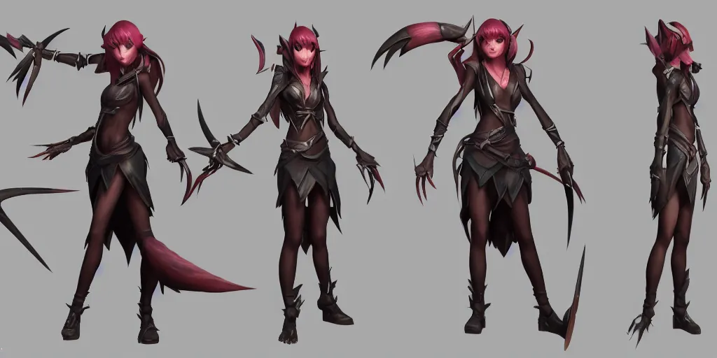 Image similar to Character sheet of coven Akali (League of Legends). 3d render, octane render, game art, realistic, highly detailed, trending on artstation, 4k, trending on artstation, pixar, cgsociety, unreal engine 5, redshift render, trending on artstation, blender, behance, cg