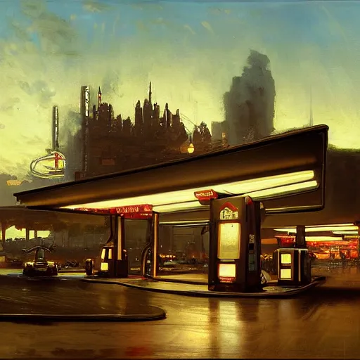 Prompt: painting of syd mead artlilery scifi organic shaped gas station, ornate metal ornaments, volumetric lights, andreas achenbach