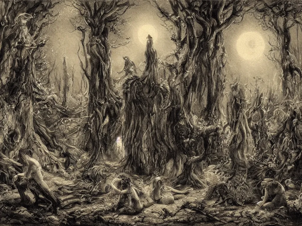 Prompt: forest spirits playing in the night near ruins in the style of Hermann Hendrich, neo-romanticism, european folklore