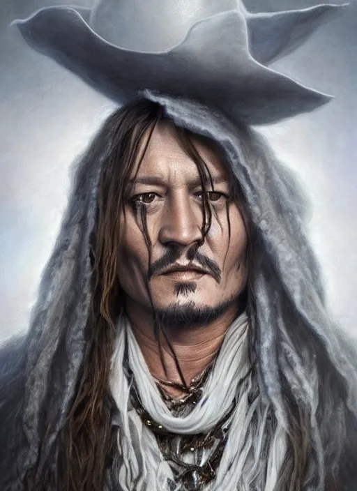 Prompt: John Wayne and Johnny Depp (((fused together))), white glowing eyes, silver shaggy hair, cloak, ethereal wings, male, fantasy, extremely detailed, digital painting, artstation, concept art, smooth, sharp focus, illustration, stunning lighting, art by artgerm and greg rutkowski and alphonse mucha and simon stalenhag, realistic character concept, high fantasy, light atmosphere, golden ratio, cinematic lighting, hyperdetailed, high resolution, insanely detailed and intricate, artstation, Marc Simonetti, Greg Rutkowski, 8k