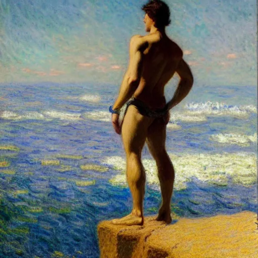 Prompt: an attractive male standing on a cliff, clothed!, looking out at the ocean, by gaston bussiere, craig mullins, j. c. leyendecker, claude monet