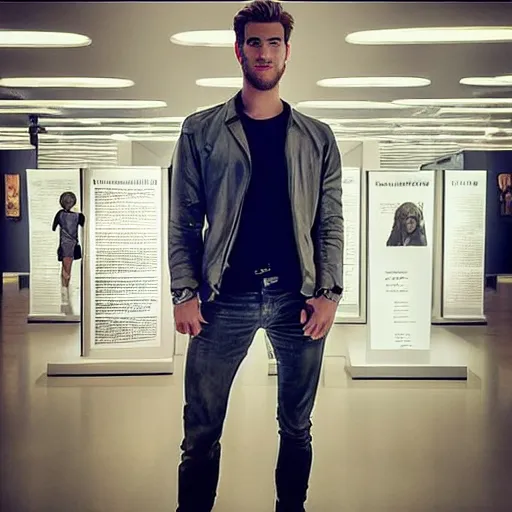 Image similar to “ a realistic detailed photo of a guy who is an attractive humanoid who is half robot and half humanoid, who is a male android, actor liam hemsworth, shiny skin, posing like a statue, blank stare, at the museum, on display ”