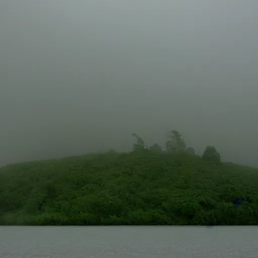 Image similar to hilly island in the middle of a misty fairy swamp, the island has legs