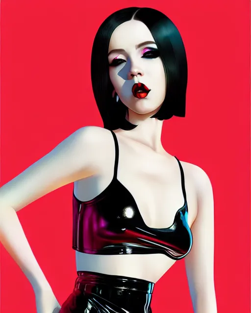 Image similar to a full body portrait of pale skin goth in shiny latex mini skirt and shiny latex tank top, long curvy black hair, red lips, pastel makeup, digital painting by ilya kuvshinov and ross tran and karol bak and stanley lau and anna dittmann and artgerm and xiaoguang sun and tian zi