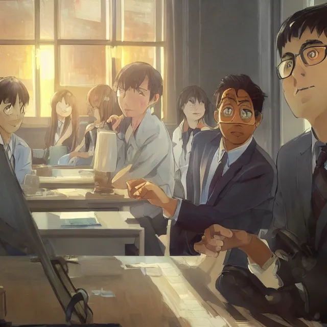 Image similar to netflix's the office anime reboot, promo, digital painting, artstation, concept art, smooth, sharp focus, illustration, art by konstantin korovin and daniel f. gerhartz and john howe