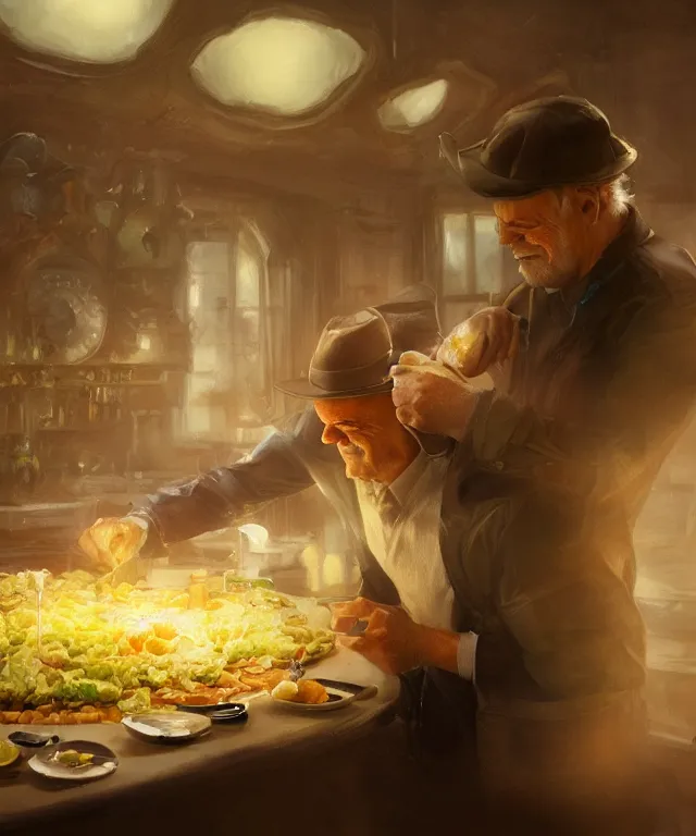 Prompt: kelsey grammer, cinematic, making tossed salad, and scrambled eggs, elegant, highly detailed, digital painting, artstation, smooth, hard focus, illustration, art by jessica rossier and and brian froud