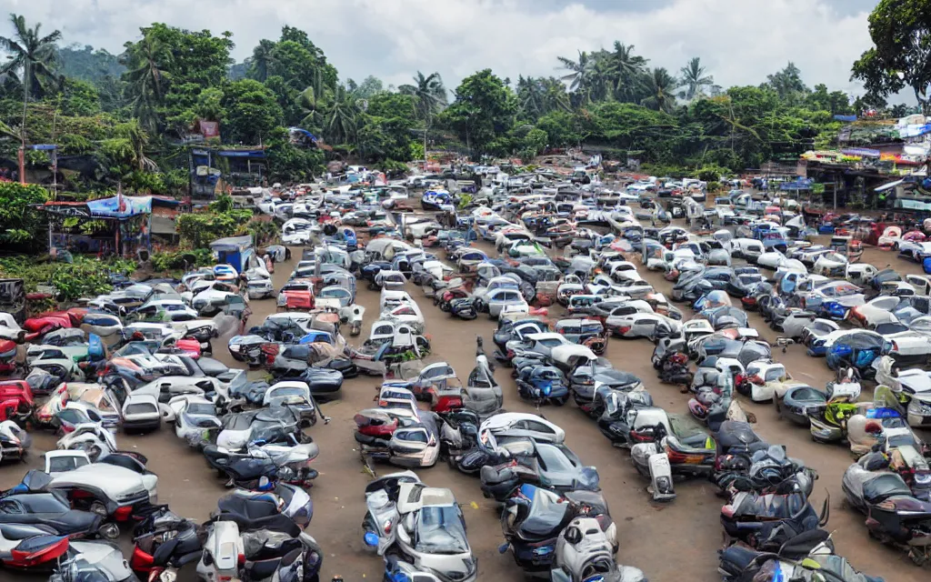 Prompt: An extremely long queue of cars and mopeds waiting for gas at a gas station in sri lanka in the style of edeard hopper