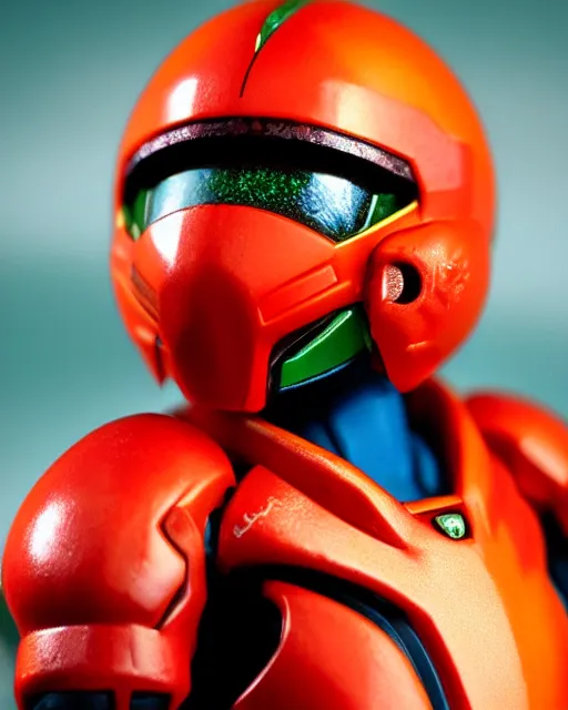 Image similar to helmet portrait of a figurine of samus aran's varia suit from the sci - fi nintendo videogame metroid. glossy. red round helmet, orange shoulder pads, green visor. shallow depth of field. suit of armor.