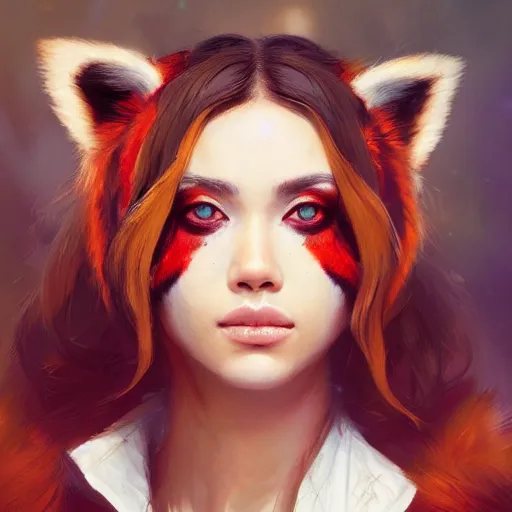 Image similar to a detailed image of a beautiful woman with red panda features, in professional makeup, by ross tran, greg rutkowski, 4 k