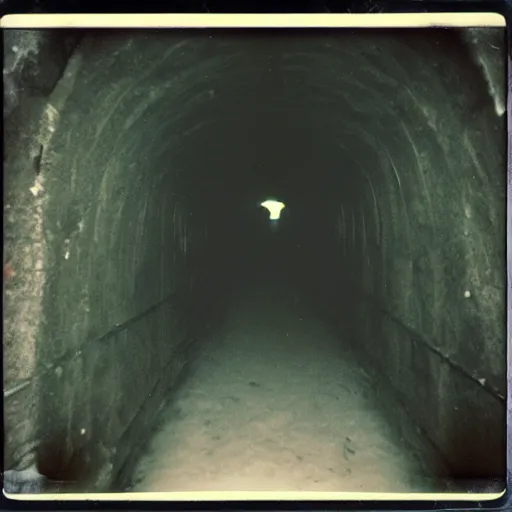Prompt: a dark and narrow glacier tunnel, dark, creepy, eerie, unsettling, terrifying, old polaroid, expired film, deep,