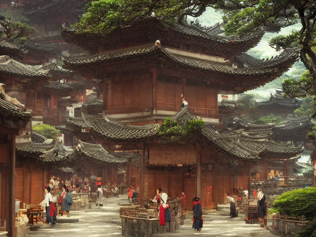 Image similar to Tea houses in ancient China are full of traffic，Epic image quality，Makoto Shinkai style