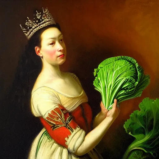 Image similar to a queen gazing at a cabbage, oil painting