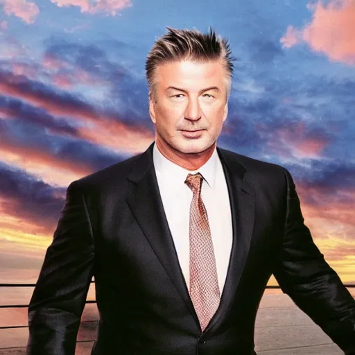 Image similar to alec baldwin on a giant eagle flying high in a sky, photo